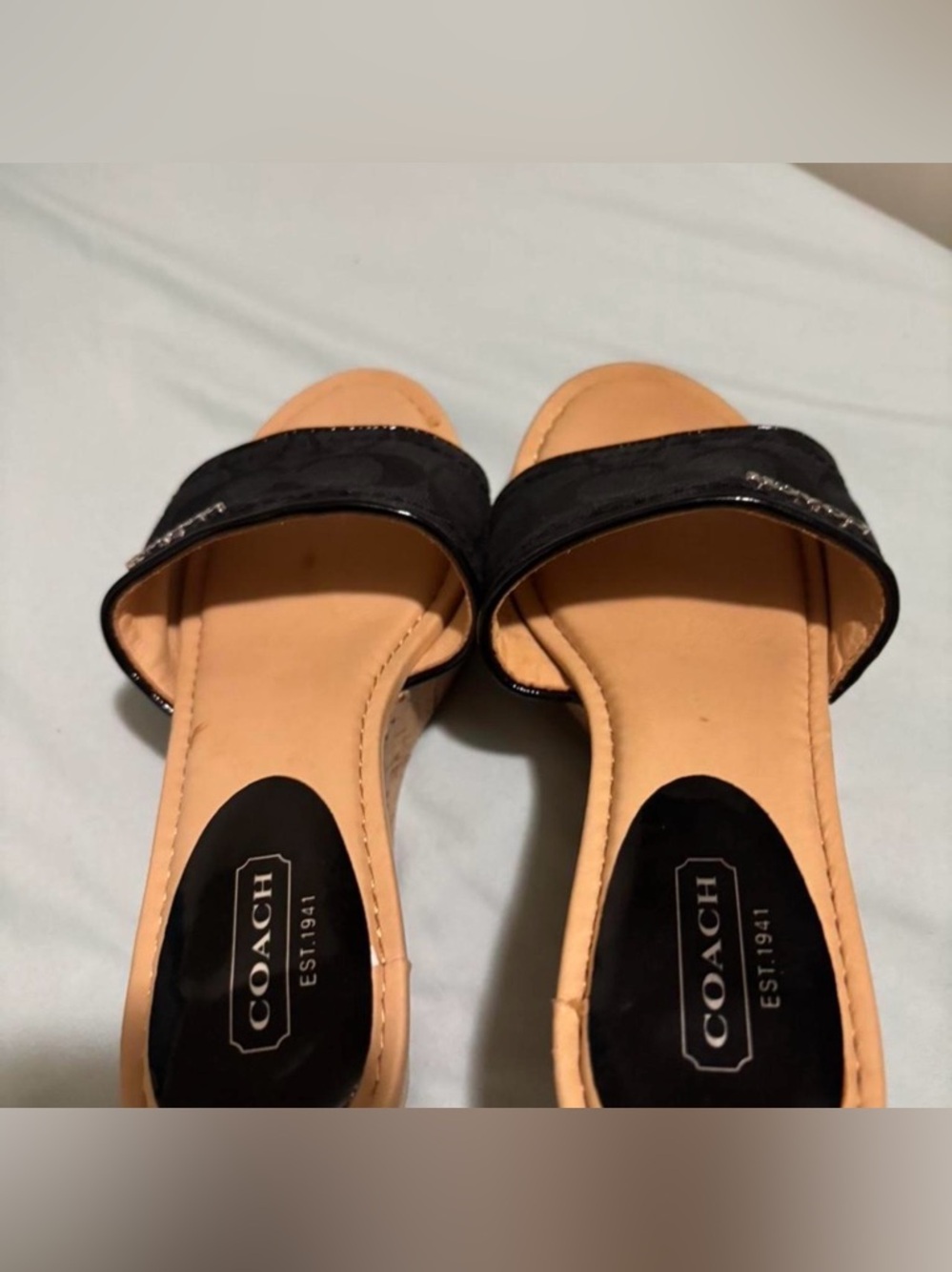 Coach Black Fabric Cork Wedge Slide Sandals - Picture 2 of 4